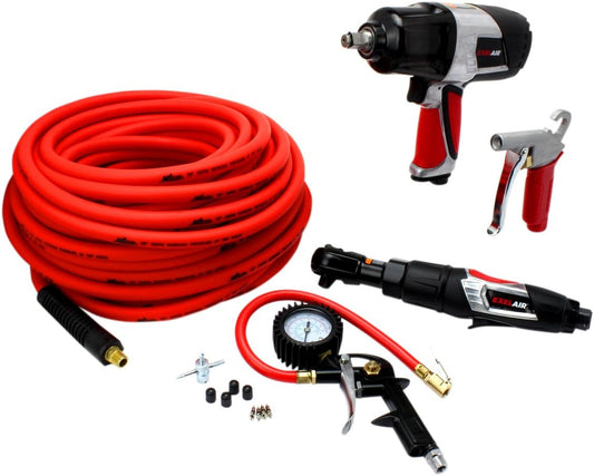 EXELAIR by Milton (MK3810ATIG) Bundle: Impact Wrench, Air Ratchet, Blow Gun, Tire Inflator Gauge, 100' Cobra Flex Air Hose & Safety Valve Accessories, (14-Piece)