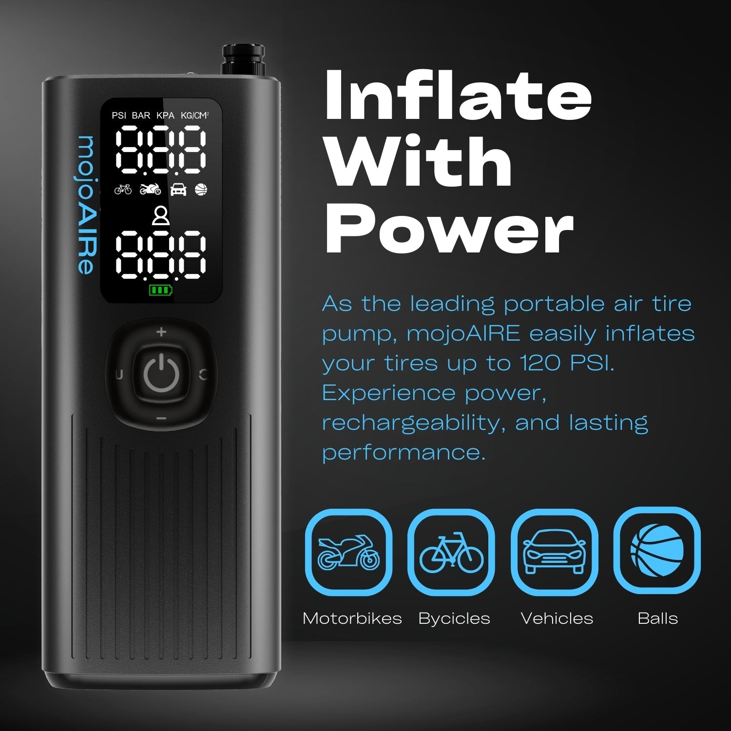 mojoAIRe® Portable Tire Inflator 120 PSI / 2x 2000 MAH Battery