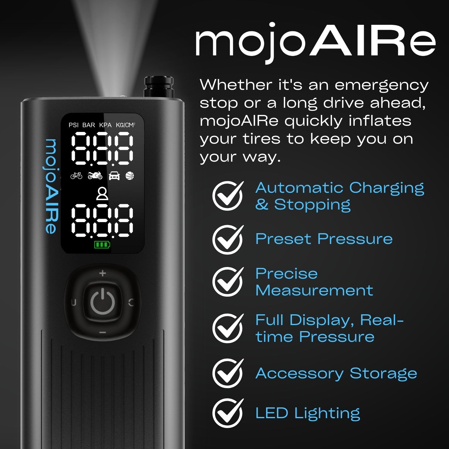mojoAIRe® Portable Tire Inflator 120 PSI / 2x 2000 MAH Battery
